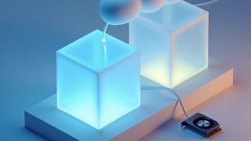 Shelf of glowing cubes of different sizes, one linked by cable to a distant server cloud
