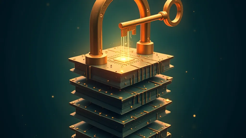 Glowing key in a circuit-board padlock sending streams of data into a floating cube